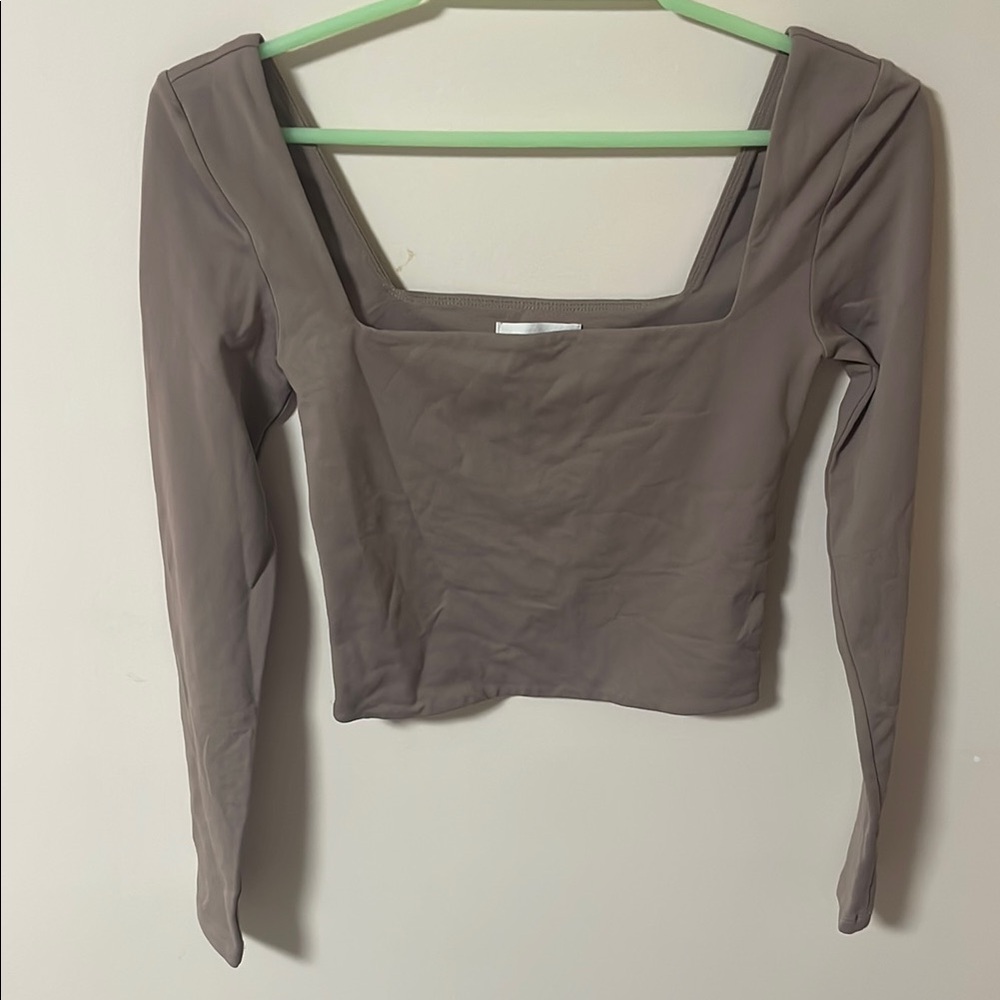 Babaton Gray Fitted Long Sleeve Crop Bodysuit